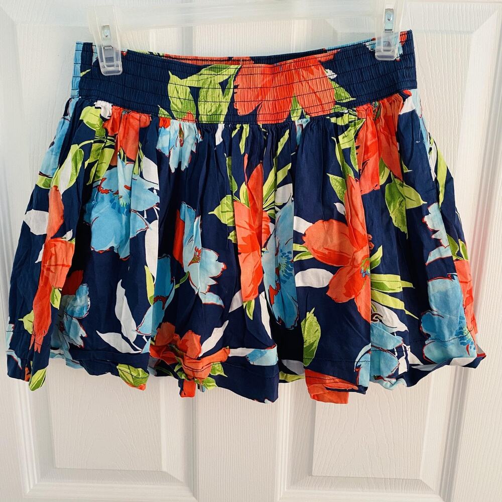 y2k Hollister Skirt Womens Medium Navy Floral Smocked Hibiscus Mini Vintage 2004